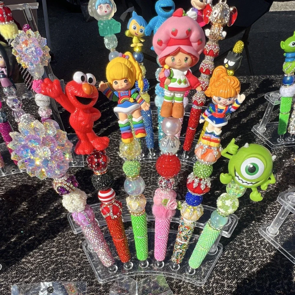 Handmade Beaded Rhinestone Glitter Ballpoint Pens w/ Character & Team Toppers